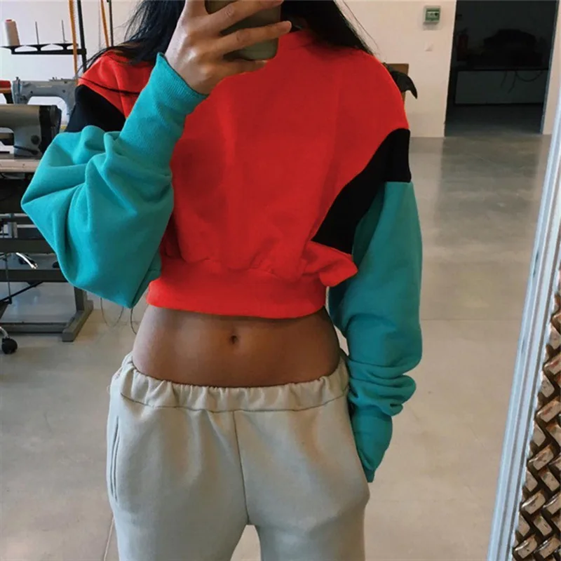 

Ladies O-neck Loose Slim Sexy Short Sweatshirts 2019 New Women Fashion Color Matching Stitching Puff Long Sleeve Sweatshirts