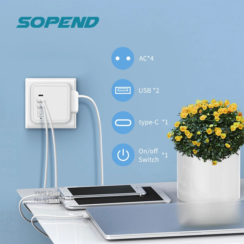 Sopend enchufe inteligente regleta enchufe enchufe europeo USB con europeo, toma de corriente interruptor Usb C, adaptador de extensión para Powercube, gris|Enchufe con toma| - AliExpress