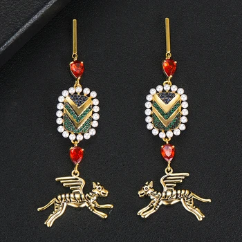 

Jimbora Luxury Moroccan wild design tiger Dangle Earrings For Women Wedding Cubic Zircon Pearls Charm Bridal Engagement Earrings