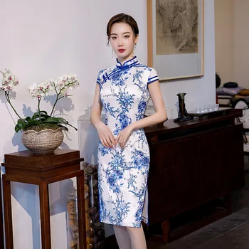 

Plus Size 4XL Blue Novelty Short Style Chinese Formal Dress Chinese Style Women Mandarin Collar Qipao Vintage Rayon Cheongsam
