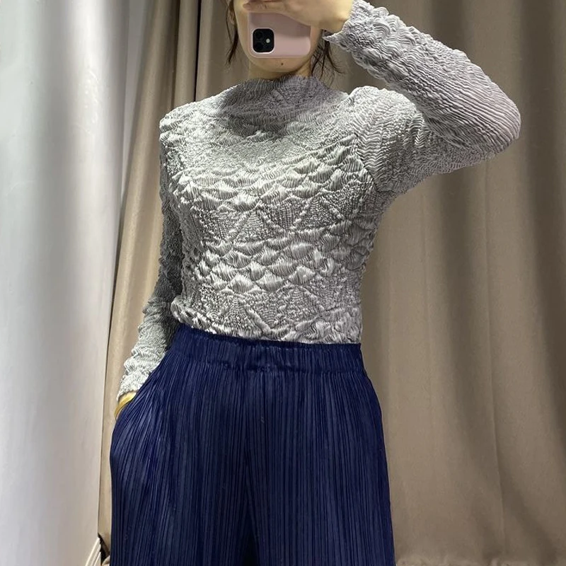 Miyake плиссированная футболка с ложным вырезом, Приталенная футболка, Весенняя тонкая, с пузырьковыми складками, дизайн, высокая эластичность, длинный рукав, Приталенный топ
