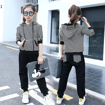 

Spring Baby Girls Clothes Kids Sport Set Striped Costume Hooded+Black Pant 2pcs Children's Tracksuit For Teenager Girl 5-14 Year