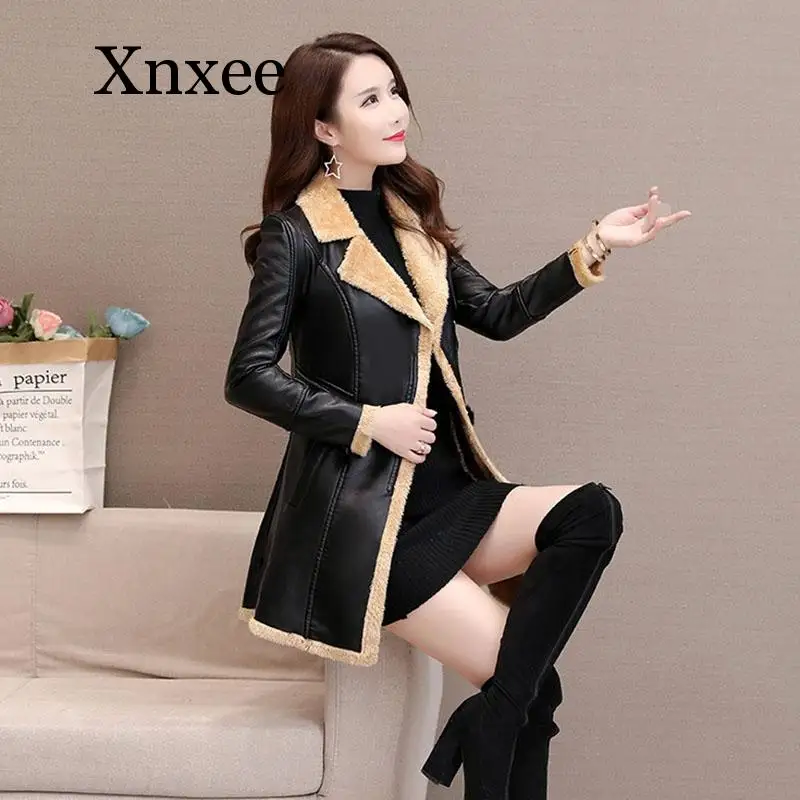 Women Leather Windbreaker Plus Velvet Thick PU Leather Cotton Coat Long Suit Collar Large Size Fashion Warm Leather Jacket