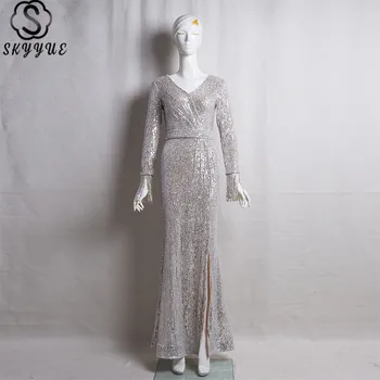 

Skyyue Evening Gown Zipper Sequined V-Neck Evening Dress Plus Size Mermaid Floor-Length Long Sleeve Mermaid Robe De Soiree K059