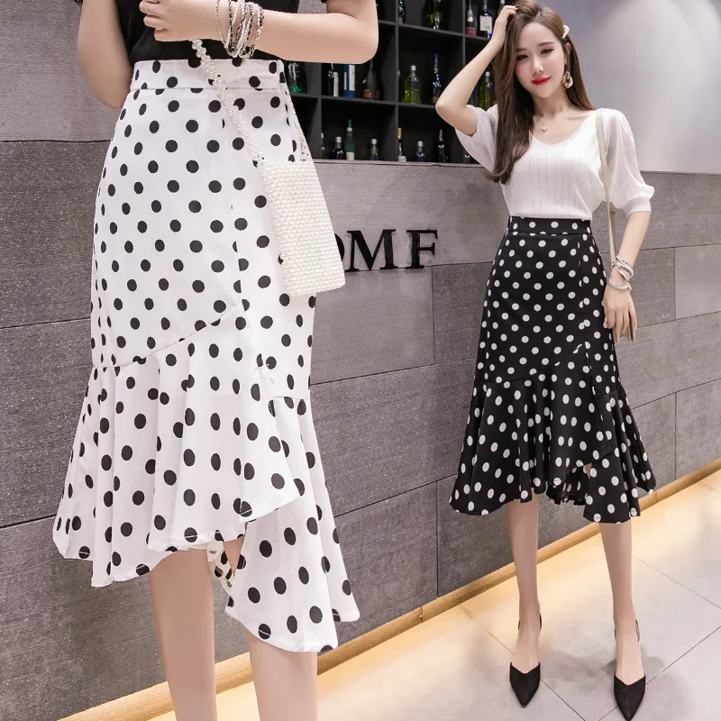 

Photo Shoot 2019 Spring And Summer New Style Mid-length Irregular Flounced Polka Dot Skirt Elastic Waist