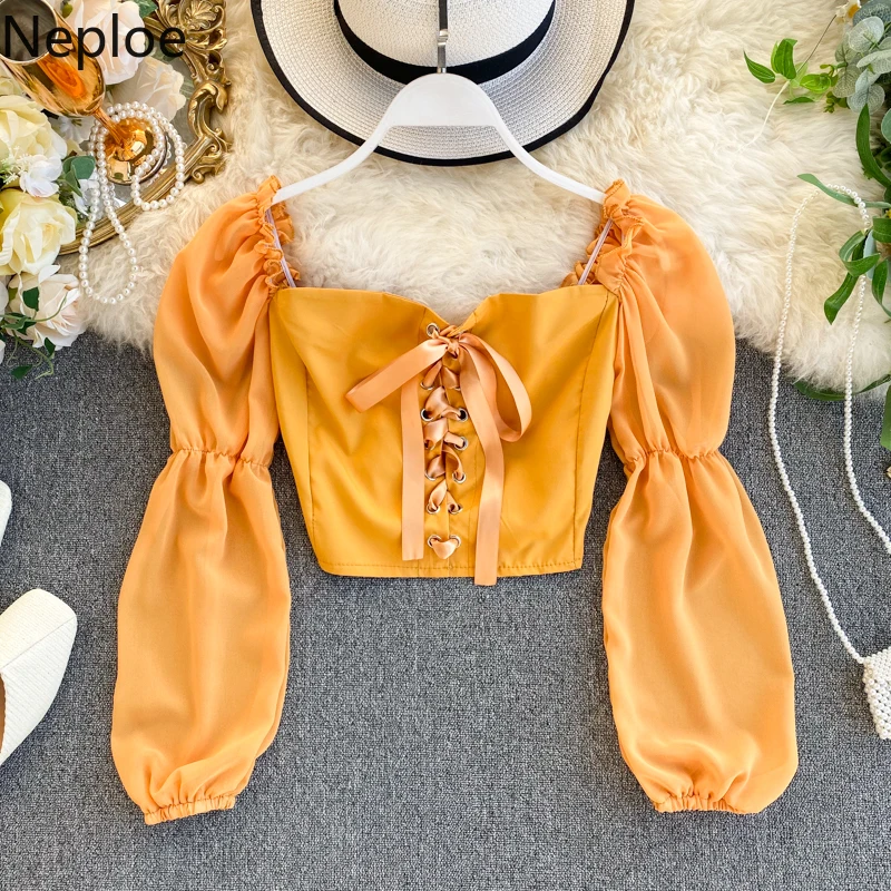 

Neploe Women Puff Long Sleeve Blouse Tops Vintage Square Collar Sexy Slim Short Shirt New 2020 Bow Bandage Solid Blusas 56415