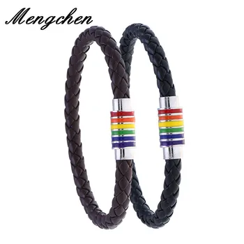 

Handmade Black Brown Genuine Braided Leather Bracelet Women Men Stainless Steel Pride Rainbow Magnetic Charms Bracelet Gift