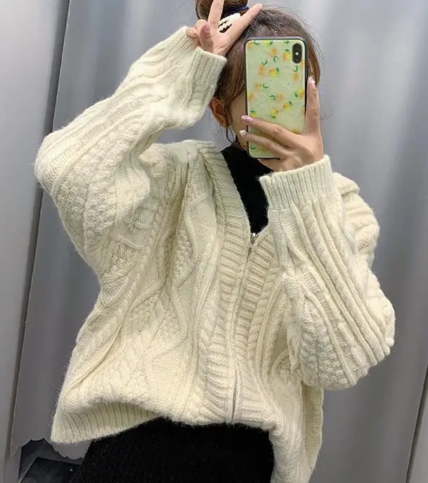 Women Sweater With A Hood New Arrival Autumn And Winter Loose Zipper Female Knitted Cardigan Korean Style Hot Sale A11 - Цвет: Бежевый