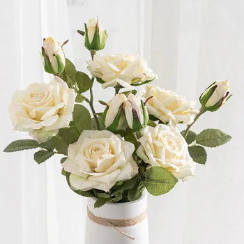 

47cm White Rose Artificial Flowers Bouquet Silk Big Flower Head with Bud Autumn Home Wedding Decoration Fall Fake Flower Branch