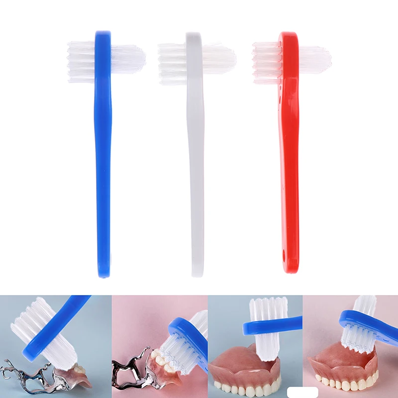 

T-shape New Denture Dedicated Brush Toothbrush Dual Heads False Teeth Brushes Gum Cleaner For Men Women Blue White Color