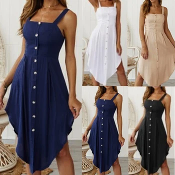 

2020 Women Summer Straps Beach Knitted Dress Sexy Square Collar Open Back Button Ruffles Long Dresses Casual Dress Vestidos