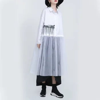 

Women 2020 Spring Autumn New Fashion Casual Irregular Hem Mesh Spliced Shirt Loose Lapel Long Sleeve Print Blouse Big Size