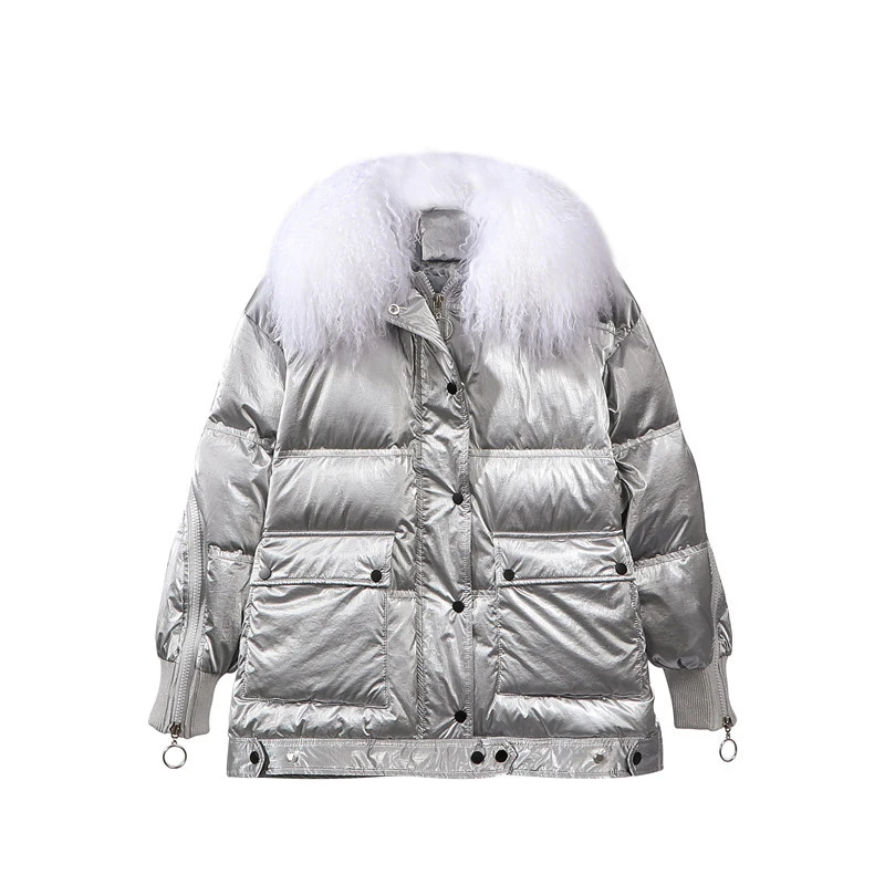 

2020 Duck Down Jacket Lambswool Collar Wool White Duck Down Jacket Women's Jacket Winter Loose Black Silver Shiny Surface
