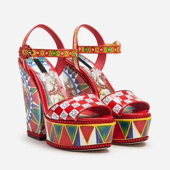 

Womens Peep Toe Platform Mixed Colors Printed Floral Rhinestones Crystal Wedge Chunky High Heel Ankle Buckle Shoes Pumps Plus Sz