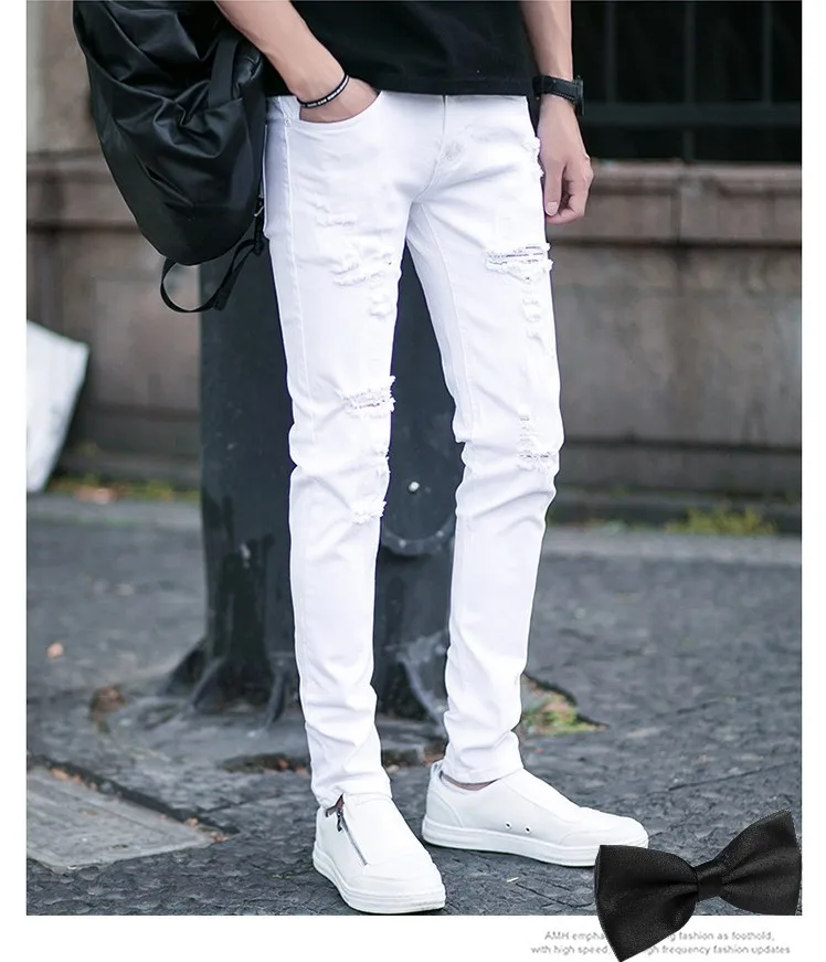 Классические повседневные обтягивающие джинсы для молодых мужчин, Стрейчевые однотонные белые мужские узкие качественные джинсовые штаны, мужские уличные теплые флисовые модные штаны - Цвет: Hole Jeans