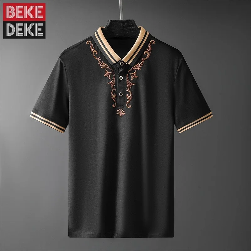 

Summer New Mens Short Sleeve T Shirt Casual Tees Tops Slim Fit Pullovers Fashion Embroidery Turn-Down Collar T Shirts Male S-4XL