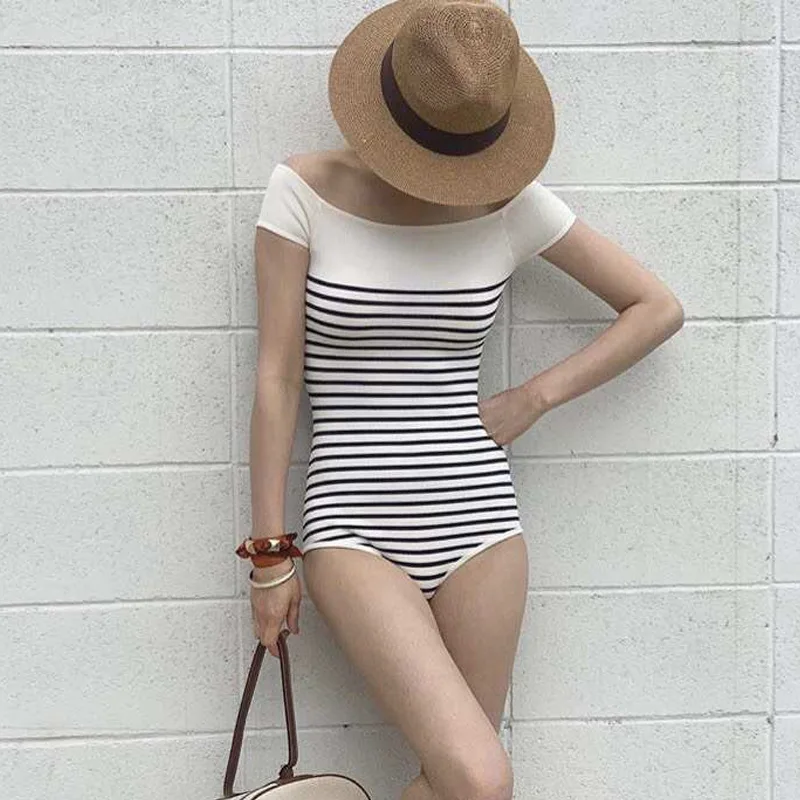 

One-Piece Swimsuits Swimwear 2019 Bathing Suit Swimsuit 1 Piece Woman Rashguard Female For Women Full Knitting Block Big Striped