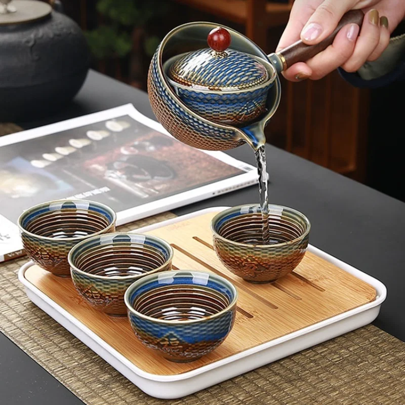 Travel Tea Set Ceramic Teacup Automatic Rotating Teapot Chinese Kung Fu Tea Brewer Filterable Suitable for 4 People for