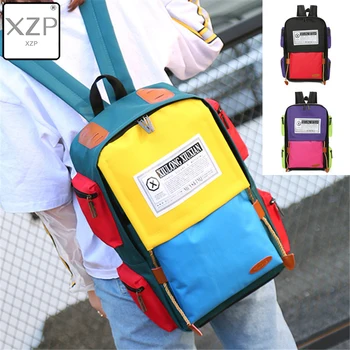 

XZP Backpack New Panelled Hit Color Canvas Print Backpacks Fashion School Bag Girls Boys Travel Day Packs Ipad Rucksack