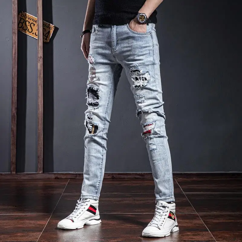 IROINNID Jean Pants For Men Medium Wash Stretch Retro Ripped Slim Beggar  Jeans Rigid Waist Skinny Full-Length Solid Jean Pants - Walmart.com