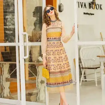 

Top Quality New 2020 Spring Wedding Party Women Stand Neck Geometric Patterns Embroidery Long Sleeve Mid-Calf Gorgeous Dress