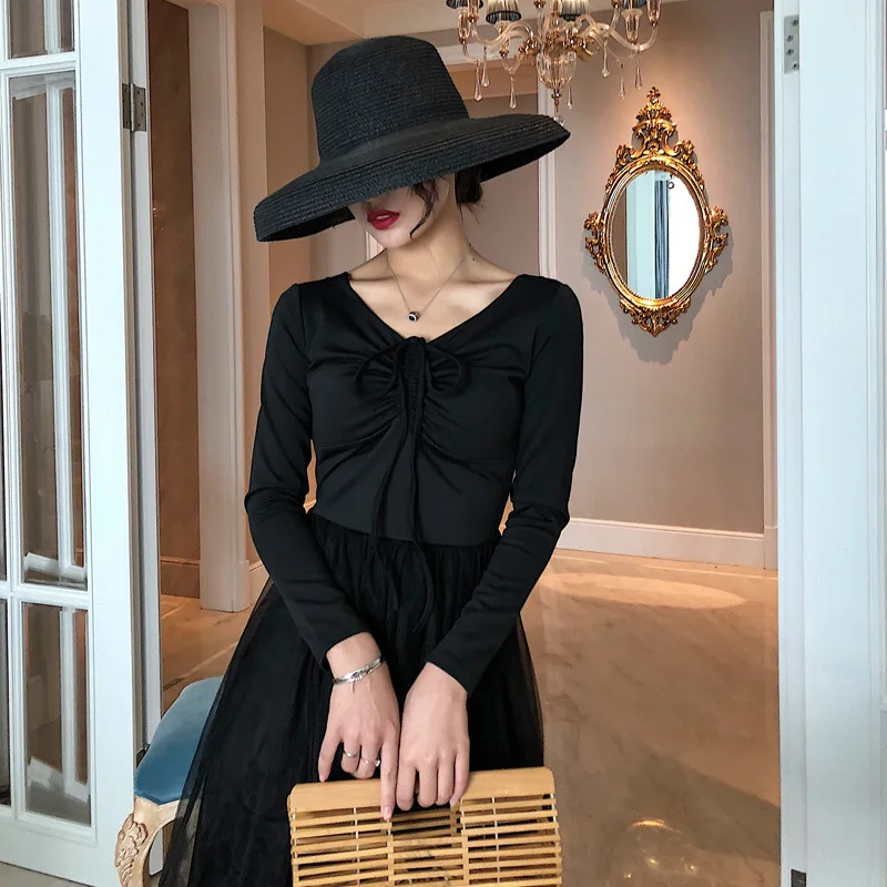 

2019 Autumn And Winter New Style CHIC Retro Platycodon Grandiflorum Gauze Joint Drawstring Medium-length Dress French Black Dres