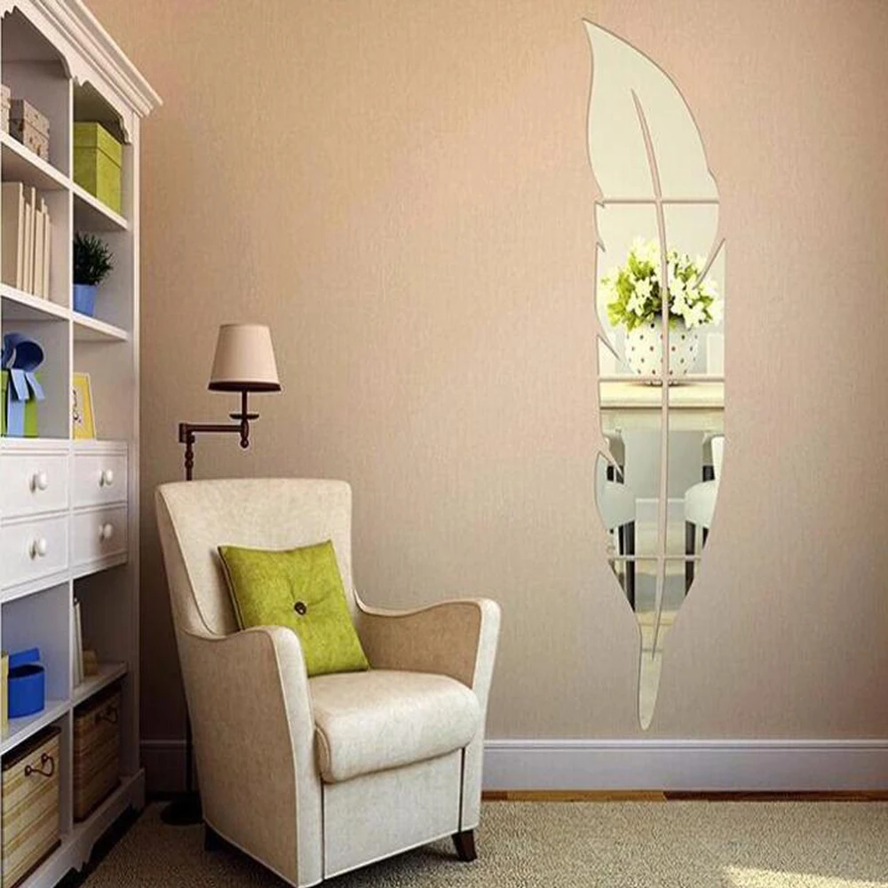 3D Mirror Wall Sticker DIY Feather Wall Sticker for Living Room Art Home Decor Vinyl Decal Acrylic Sticker Mural Wall Decoration