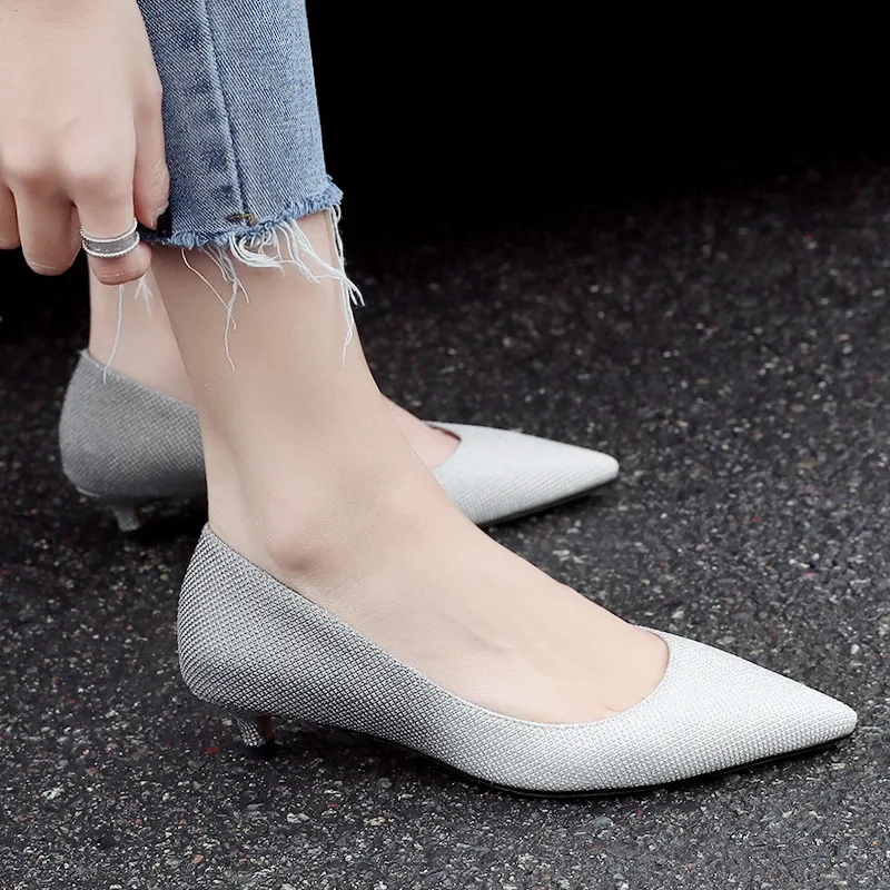 

2019 Spring New Style Pointed-Toe Sequin WOMEN'S Shoes Semi-high Heeled Shoes Versitile Fashion Genuine Leather Shoes Women's Lo