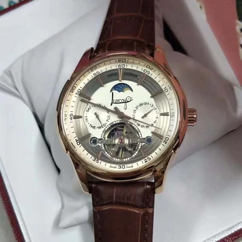 

Skeleton watch men luxury Automatic self-wind rose gold case white dial Glass open back 44mm 1:1 leather strap AAA quality 17