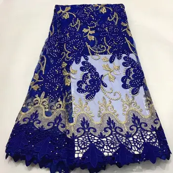 

New African Cotton Lace Fabric With Stones High Quality Swiss Voile Lace In Switzerland Nigerian Cotton Dry Lace Fabrics BLUE