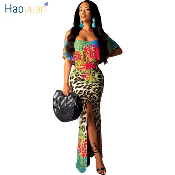 

ZOOEFFBB Sexy Leopard Print Long Maxi Dress Women 2020 Summer Clothes Ruffle Off Shoulder Front Slit Bodycon Club Party Dresses