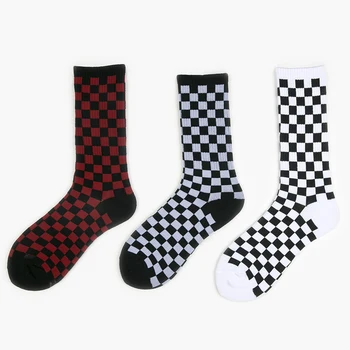 

1Pair Cotton Geometric Checkerboard Socks 3Colors Unisex Long Tube Socks Personality Accessories Hip Hop Style Free Size
