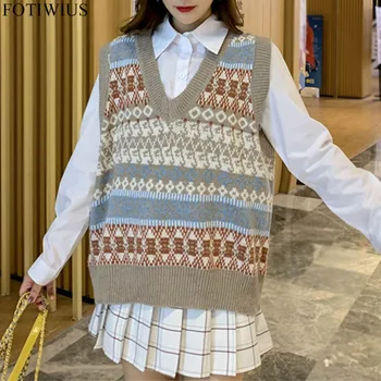 

2020 Spring Bohemian Vintage Knitted Sweater Vest Women V-Neck Knit Veste Femme Hiver Plus Size Sweater Waistcost Coat Outwear