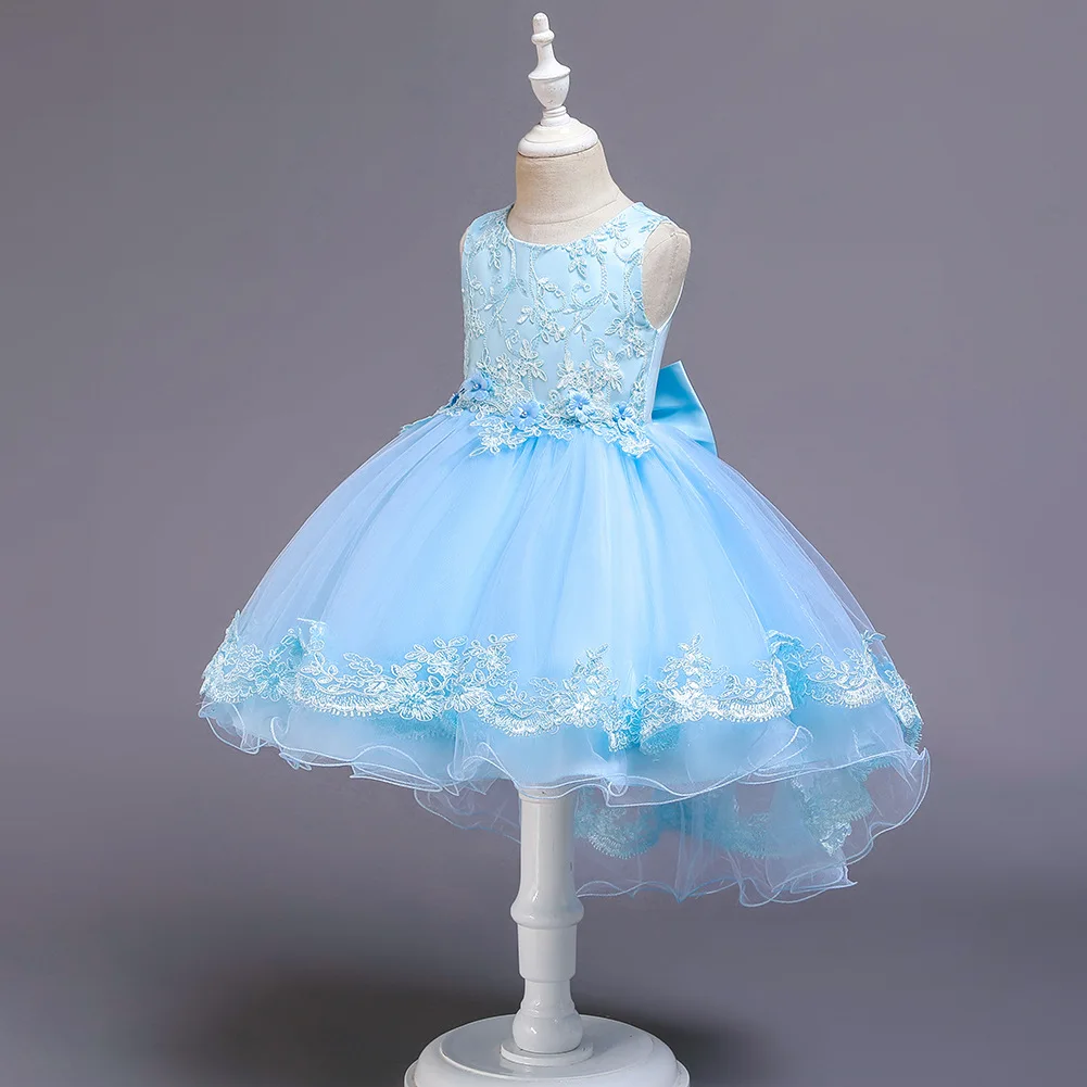 Skyyue/платье с цветочным узором для девочек г. Элегантные Синие вечерние Детские платья с низким голенищем кружевные платья с бантом для свадебного причастия для девочек 188 - Цвет: light blue