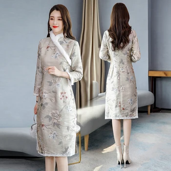 

Fashion Women Cheongsam Cotton Long Fur Collar Floral Outwear Thick Warm Embroidery Dress G054