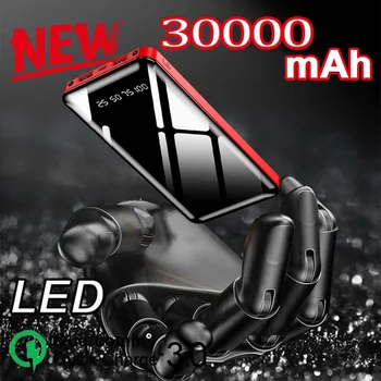 

30000mAh Large-capacity Power Bank Portable Charging Mobile Power Full Mirror LCD Digital Display External Battery Pack Charger
