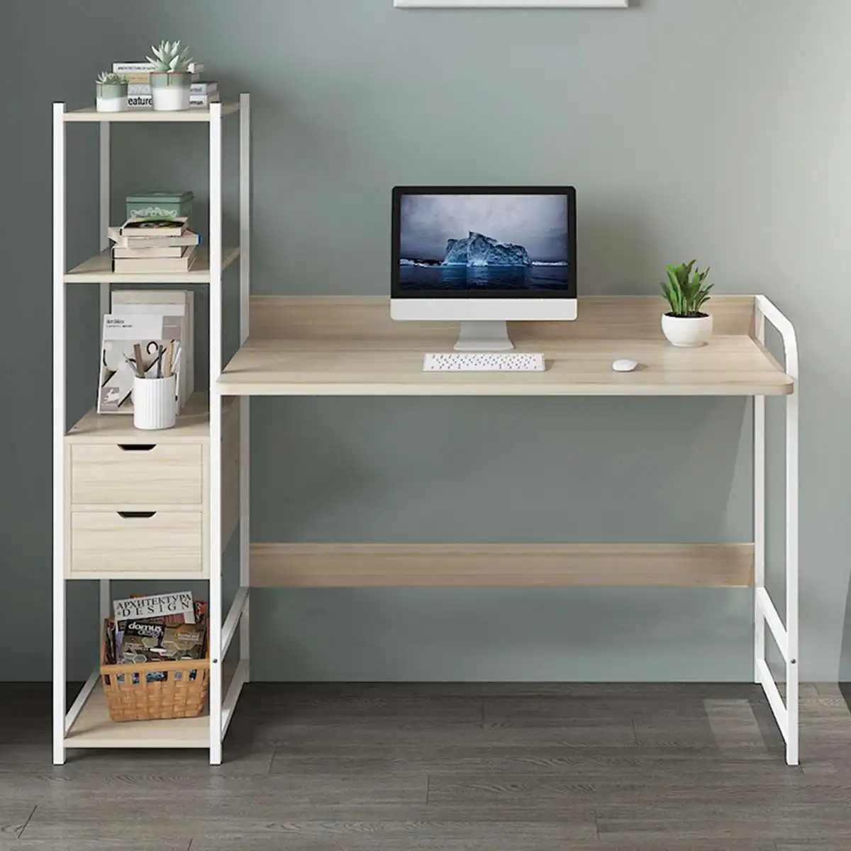 Large Office Desk Storage Workstation Study Writing Table PC Laptop With Shelf 