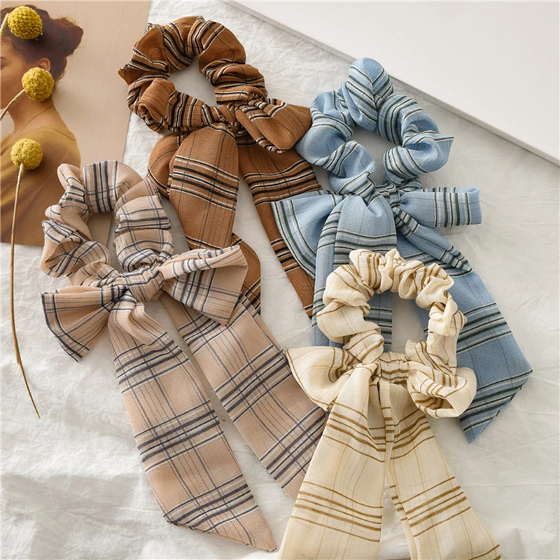 

Small Dots Stripe Elastic Hair Bands Floral Print Chiffon Knot Bow Elastic Scrunchie Hair Ring Ribbon Black Red White Headwear
