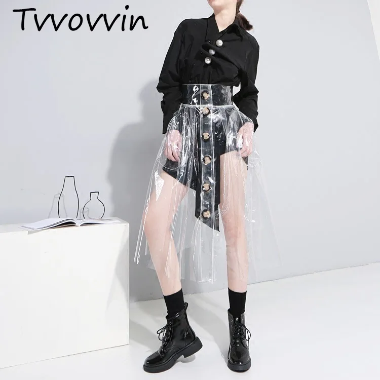 New Autumn And Winter Pvc Plastic High Waist A-line Long Halfbody Skirt Female Buttons All Match C815