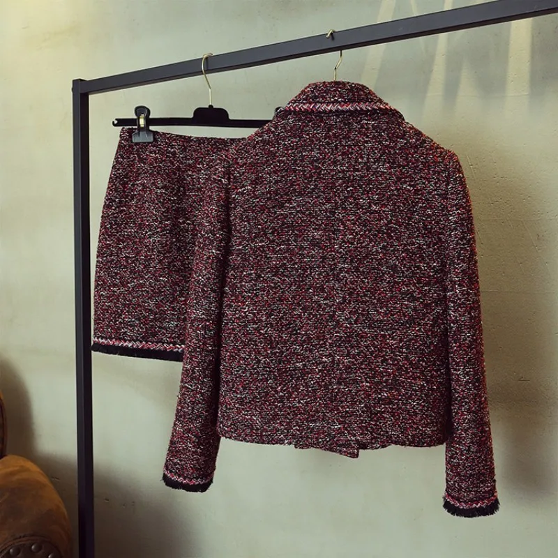 

Spring Autumn Lapel Tweed Short Jacket Slim Wrap Mini Skirt Two Piece Set Streetwear Fashion 2020 Double Breasted Tweed Jacket