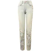 Новинка весны, модные женские джинсы с высокой талией, цветные стразы, прямые повседневные джинсовые брюки