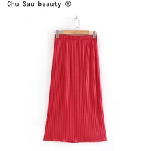 Chu Sau beauty, новая мода, повседневные, одноцветные, складные, миди юбки для женщин, для офиса, леди, шикарная, эластичная талия, длинная юбка для женщин, Falda De Moda