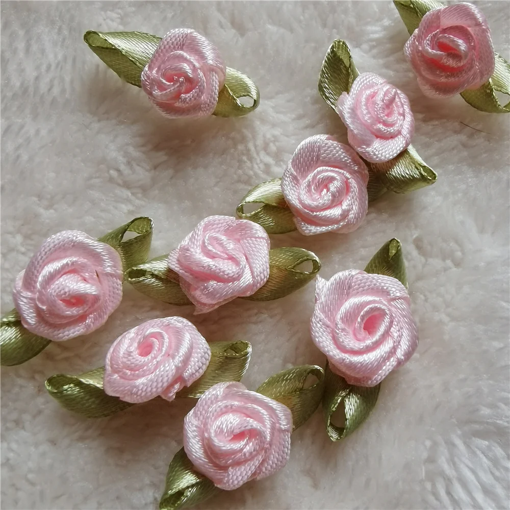Pink Mini Artificial Rose Flowers Heads Make Satin Ribbon Appliques Handmade DIY Crafts For Wedding Decoration Accessories fabric flowers