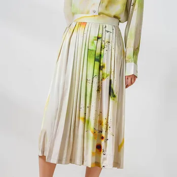 

Women High Waist Pleated Skirt 2020 New Spring Summer Watercolor Splash Printed Office Ladies Elegant Midi Skirts