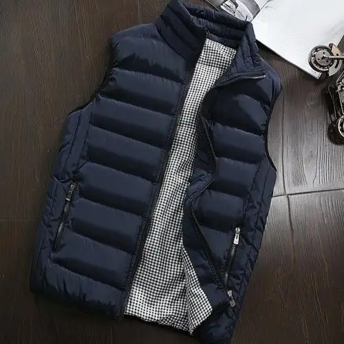 Dark Blue Мужские куртки, жилеты, зимний мужской теплый жилет без рукавов, клетчатый жилет со стоячим воротником, хлопковый жилет размера плюс, мужской жилет с карманами на молнии - Цвет: Dark Blue