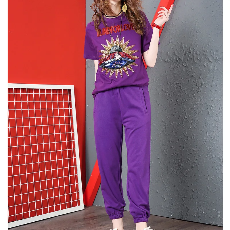 

Ozhouzhan Popular Brand Sequin Eyes Embroidered Short Sleeve T-shirt + Sports Casual Loose-Fit Two-Piece Set 2019 Summer