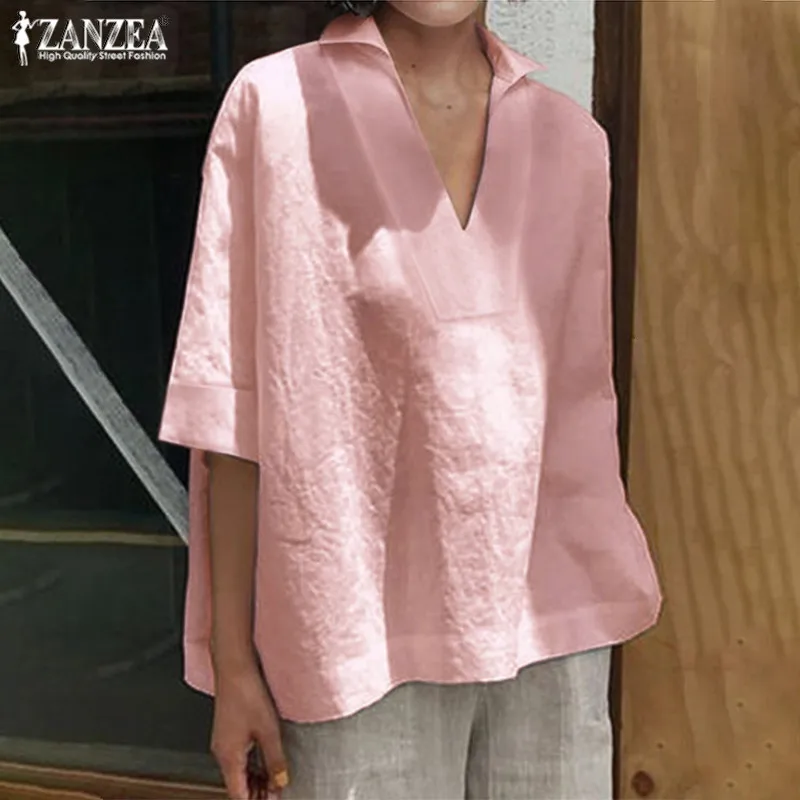 ZANZEA Kaftan Повседневная Туника с v-образным вырезом Женская Летняя Блузка модные рубашки с рукавом 3/4 Женские однотонные блузки для работы плюс размер туника