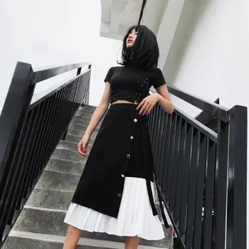 

Women 2020 Spring Summer New Style Temperament Black Vintage Skirt Casual High Waist Patchwork Chiffon A Line Pleated Skirt