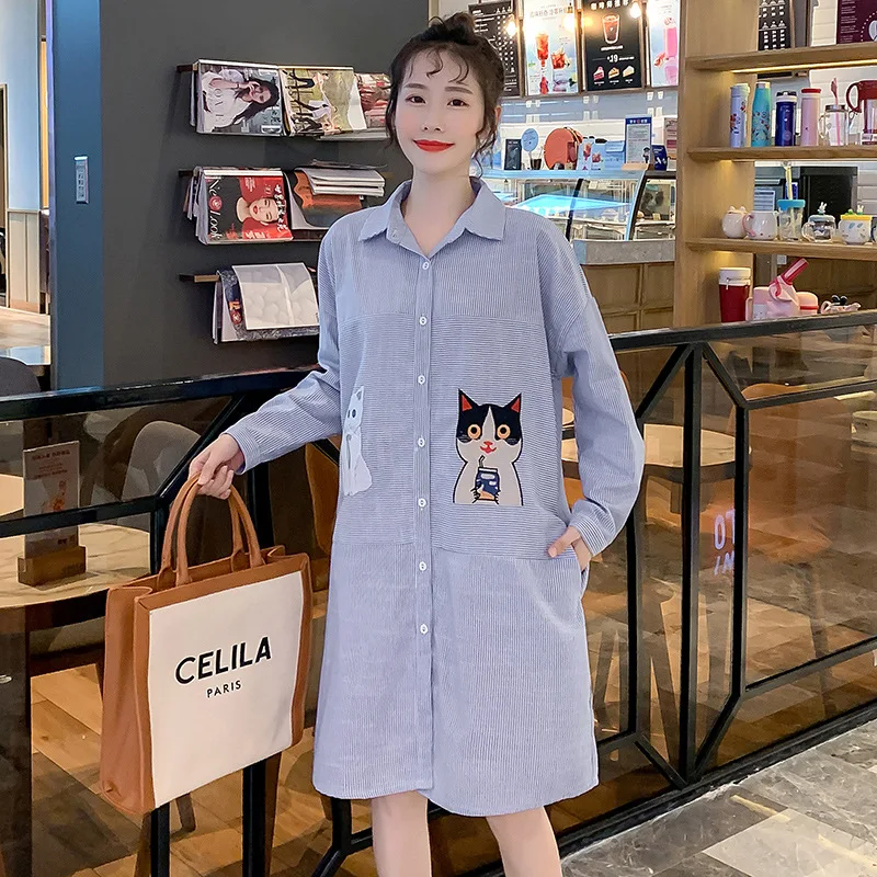 

2019 New Style Mid-length Tops Fashion Korean-style Maternity Clothes Striped Shirt Mid-length Pregnant Women Dress