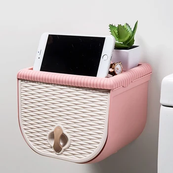 

Woven Pattern Toilet Tissue Box Bathroom Toilet Tray Free Punch Waterproof Paper Towel Rack Pink